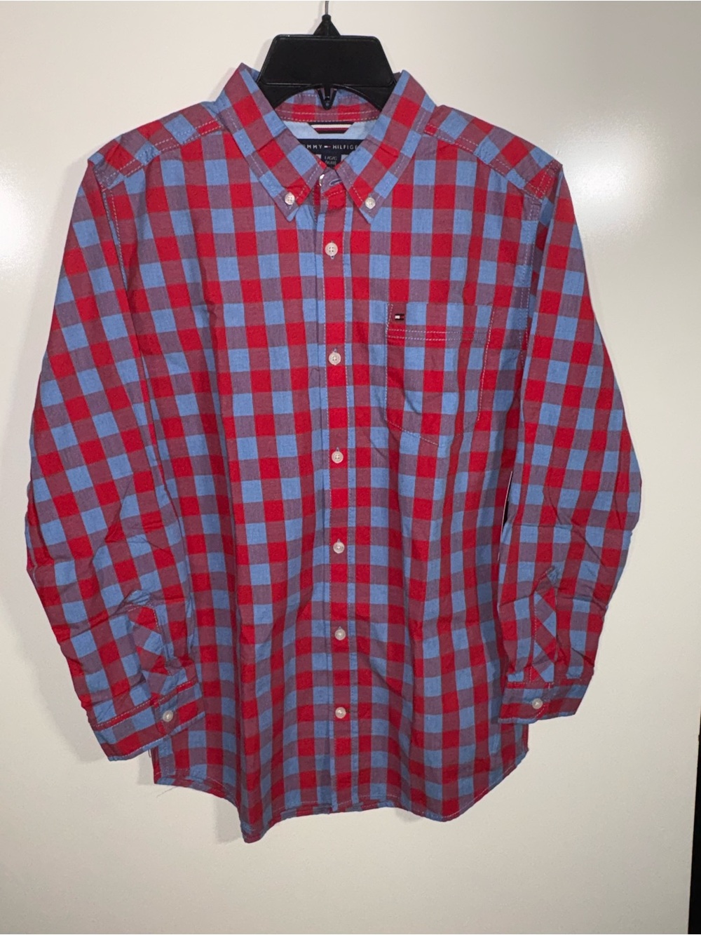 Tommy Hilfiger Boys Red and Light Blue Check Button-Down Ling Sleeve Shirt NWT